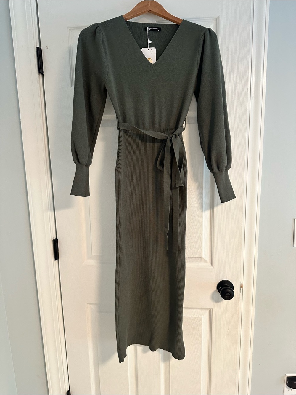 PrettyGarden Olive Green V-Neck Belted Maxi Dress, size M